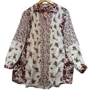 Jane & Delancey Womens Button Up Pleated Shirt Blouse Size M Beige Maroon Floral